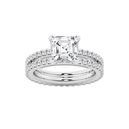3.39 ctw Asscher Lab-Grown Diamond Double Row Diamond Engagement Ring in 14K White Gold for Women | Colorless D, VVS1 Clarity, IGI Certified 2.50 ct Center Diamond