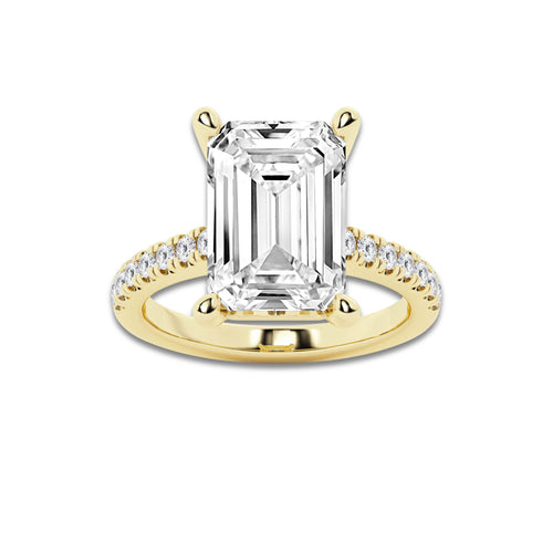 7.44 ctw Emerald Lab-Grown Diamond Hidden Halo Side Stone Engagement Ring in 18K Yellow Gold for Women | Colorless E, VS1 Clarity, IGI Certified 7.00 ct Center Diamond