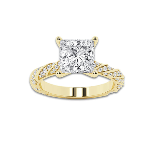 4.42 ctw Princess Lab-Grown Diamond Twisted Band Engagement Ring in 14K Yellow Gold for Women | Colorless D, VVS1 Clarity, IGI Certified 4.00 ct Center Diamond