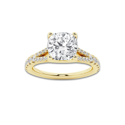 1.83 ctw Cushion Lab-Grown Diamond Split Shank Side Stone Engagement Ring in 14K Yellow Gold for Women | Colorless D, VVS1 Clarity, IGI Certified 1.50 ct Center Diamond