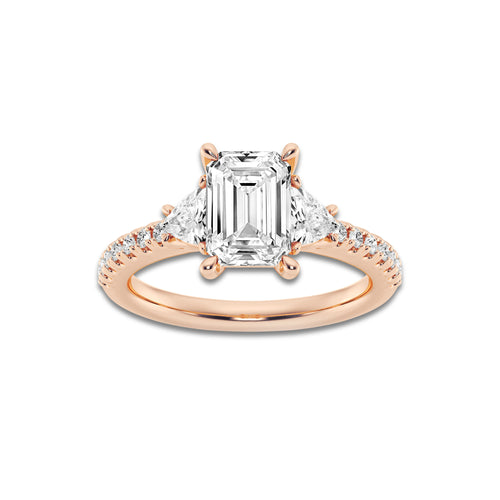 Ala 2 3/4 ctw Emerald Lab Grown Diamond Three-Stone Engagement Ring with Trillion Side Stones 14K Rose Gold, D, VVS | IGI Certified, 2 ct Center