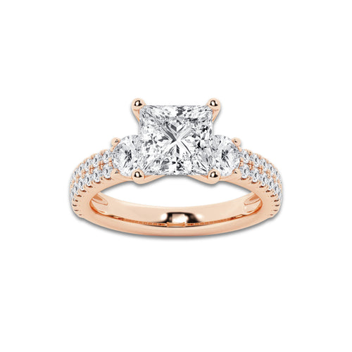 3.50 ctw Princess Lab-Grown Diamond Three Stone Double Row Engagement Ring in 14K Rose Gold for Women | D Color, VVS1 Clarity, IGI Certified 2.50 ct Center Diamond