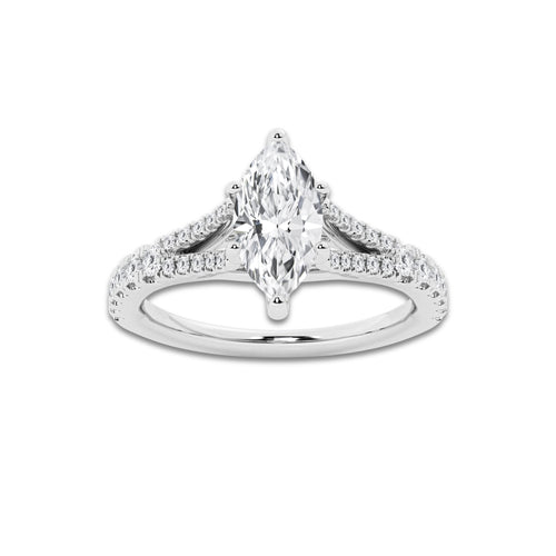 1.33 ctw Marquise Lab-Grown Diamond Split Shank Side Stone Engagement Ring in 14K White Gold for Women | Colorless E, VS1 Clarity, IGI Certified 1.00 ct Center Diamond