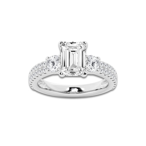 3.50 ctw Emerald Lab-Grown Diamond Three Stone Double Row Engagement Ring in Platinum for Women | E Color, VS1 Clarity, IGI Certified 2.50 ct Center Diamond