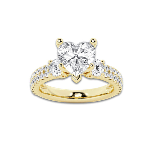 4.00 ctw Heart Lab-Grown Diamond Three Stone Double Row Engagement Ring in 14K Yellow Gold for Women | D Color, VVS1 Clarity, IGI Certified 3.00 ct Center Diamond