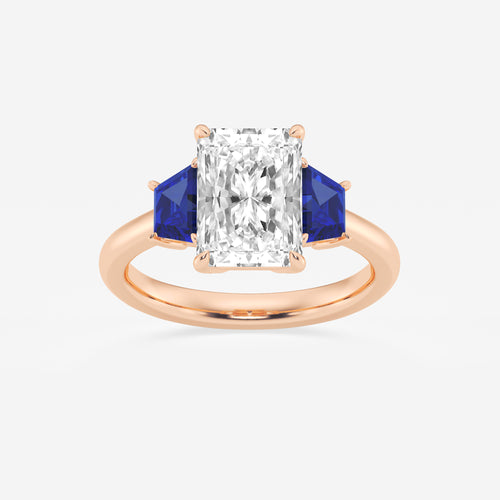 Camellia 3 ctw Radiant Lab Grown Diamond and 5.5x3.3x2.2 mm Trapezoid Created Sapphire Three-Stone Ring 14K Rose Gold, E, VS1 | IGI Certified, 3 ct Center