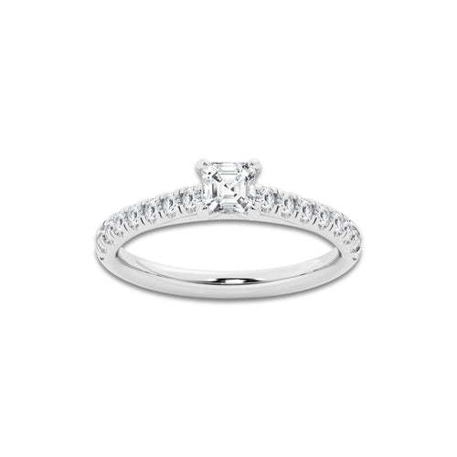 0.89 ctw Asscher Lab-Grown Diamond Pave Engagement Ring in 14K White Gold for Women | E Color, VS1 Clarity, IGI Certified 0.50 ct Center Diamond