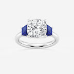 Camellia 4 ctw Cushion Lab Grown Diamond and 5.5x3.3x2.2 mm Trapezoid Created Sapphire Three-Stone Ring Platinum, E, VS1 | IGI Certified, 4 ct Center