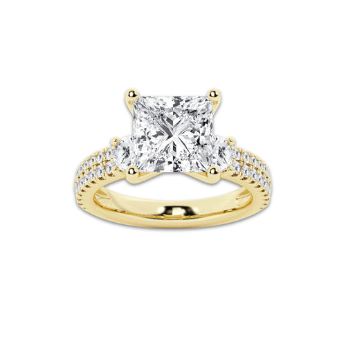 4.96 ctw Princess Lab-Grown Diamond Three Stone Double Row Engagement Ring in 14K Yellow Gold for Women | D Color, VVS1 Clarity, IGI Certified 4.00 ct Center Diamond