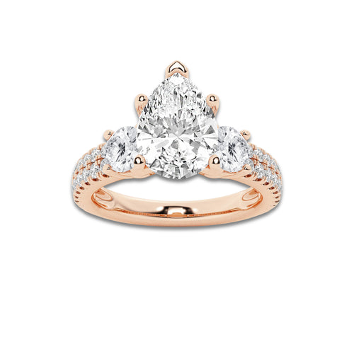 1.75 ctw Pear Lab-Grown Diamond Three Stone Double Row Engagement Ring in 14K Rose Gold for Women | E Color, VS1 Clarity, IGI Certified 1.00 ct Center Diamond