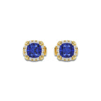 7.0x7.0 mm Cushion Cut Created Sapphire and 1/3 ctw Round Lab Grown Diamond Shadow Halo Stud Earrings 14K Yellow Gold