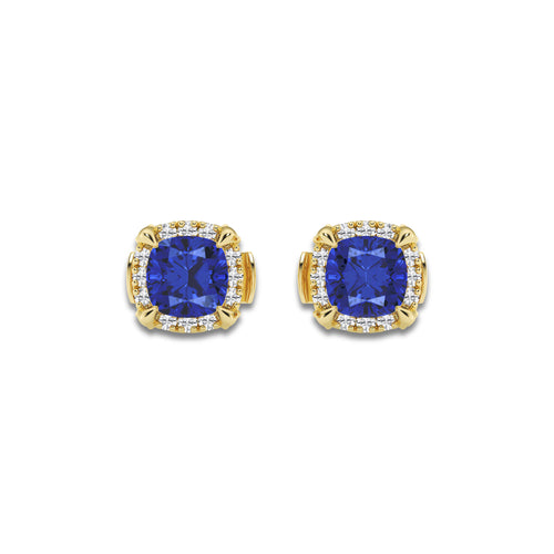 7.0x7.0 mm Cushion Cut Created Sapphire and 1/3 ctw Round Lab Grown Diamond Shadow Halo Stud Earrings 14K Yellow Gold
