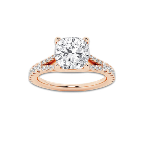 2.33 ctw Cushion Lab-Grown Diamond Split Shank Side Stone Engagement Ring in 14K Rose Gold for Women | Colorless E, VS1 Clarity, IGI Certified 2.00 ct Center Diamond