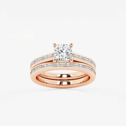 Synergy 1 3/4 ctw Cushion Lab Grown Diamond Baguette and Princess Side Stone Bridal Set 14K Rose Gold, E, VS1 | IGI Certified, 1 ct Center