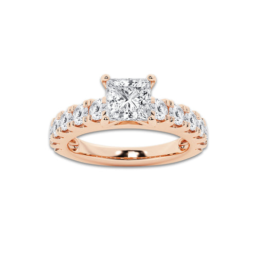 2.00 ctw Princess Lab-Grown Diamond Split-Prong Set Side Stone Engagement Ring in 14K Rose Gold for Women | Colorless E, VS1 Clarity, IGI Certified 1.00 ct Center Diamond