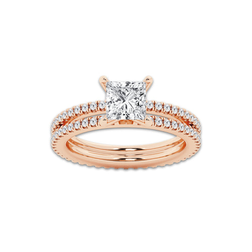 2.19 ctw Princess Lab-Grown Diamond Double Row Diamond Engagement Ring in 14K Rose Gold for Women | Colorless E, VS1 Clarity, IGI Certified 1.50 ct Center Diamond