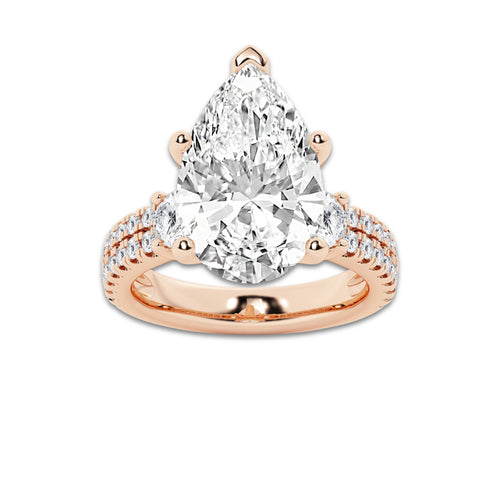 7.96 ctw Pear Lab-Grown Diamond Three Stone Double Row Engagement Ring in 14K Rose Gold for Women | E Color, VS1 Clarity, IGI Certified 7.00 ct Center Diamond