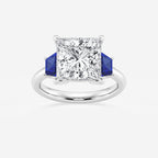 Camellia 5 ctw Princess Lab Grown Diamond and 5.5x3.3x2.2 mm Trapezoid Created Sapphire Three-Stone Ring Platinum, E, VS1 | IGI Certified, 5 ct Center