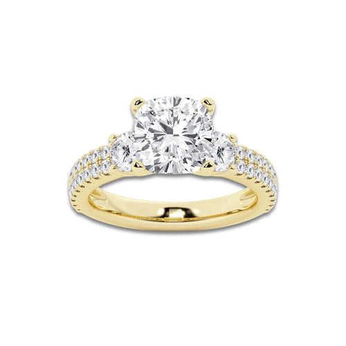 4.00 ctw Cushion Lab-Grown Diamond Three Stone Double Row Engagement Ring in 14K Yellow Gold for Women | D Color, VVS1 Clarity, IGI Certified 3.00 ct Center Diamond