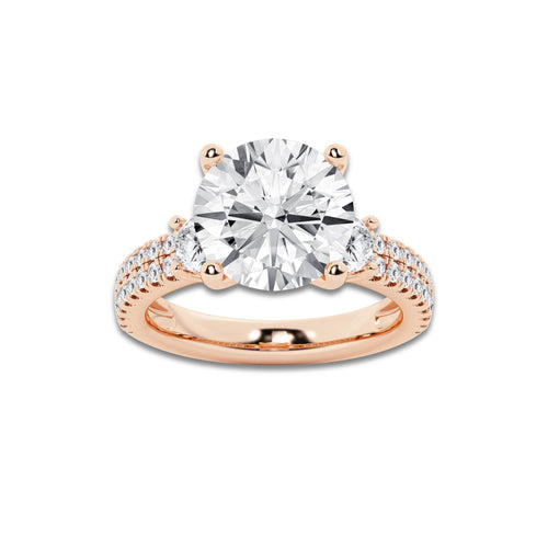 5.96 ctw Round Lab-Grown Diamond Three Stone Double Row Engagement Ring in 14K Rose Gold for Women | E Color, VS1 Clarity, IGI Certified 5.00 ct Center Diamond