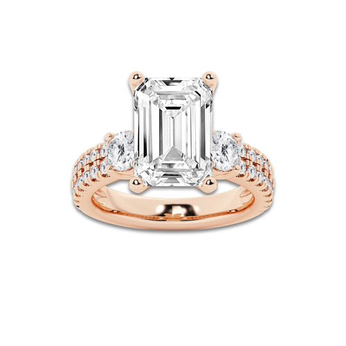 6.96 ctw Emerald Lab-Grown Diamond Three Stone Double Row Engagement Ring in 14K Rose Gold for Women | E Color, VS1 Clarity, IGI Certified 6.00 ct Center Diamond