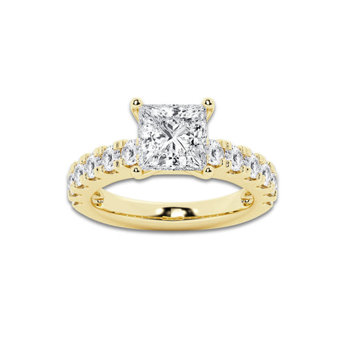 3.50 ctw Princess Lab-Grown Diamond Split-Prong Set Side Stone Engagement Ring in 14K Yellow Gold for Women | Colorless E, VS1 Clarity, IGI Certified 2.50 ct Center Diamond