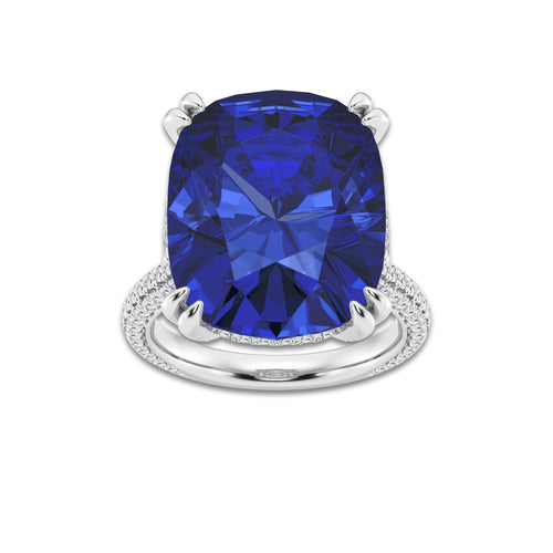 16 1/2 ctw Elongated Cushion Cut Sapphire and Round Lab Grown Diamond Hidden Halo Engagement Ring with Half Moon Sides Platinum | 15 ct Center