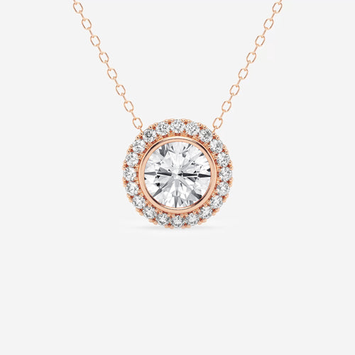 1 1/5 ctw Round Lab Grown Diamond Bezel Set Halo Pendant with Adjustable Chain 14K Rose Gold, DE, VS1 | 1 ct Center