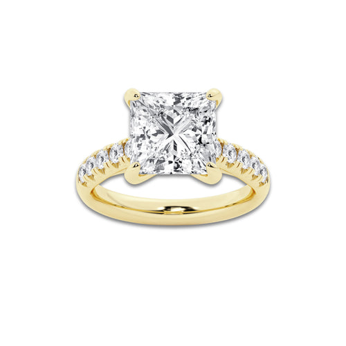 5.43 ctw Princess Lab-Grown Diamond Pave Engagement Ring in 14K Yellow Gold for Women | E Color, VS1 Clarity, IGI Certified 5.00 ct Center Diamond