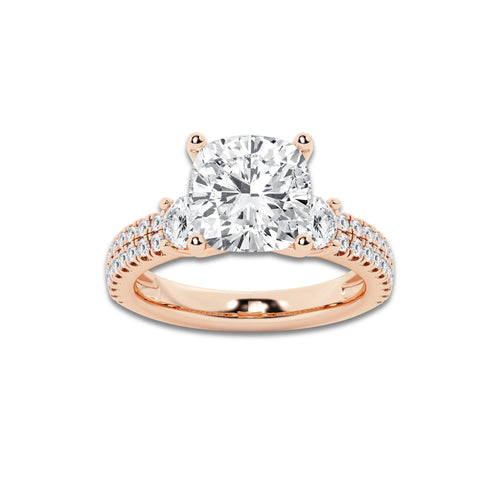 4.96 ctw Cushion Lab-Grown Diamond Three Stone Double Row Engagement Ring in 14K Rose Gold for Women | D Color, VVS1 Clarity, IGI Certified 4.00 ct Center Diamond