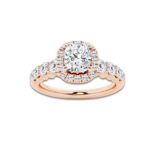 Amelia 1 2/3 ctw Cushion Lab Grown Diamond Graduated Halo Engagement Ring 14K Rose Gold, D, VVS | IGI Certified, 1 ct Center