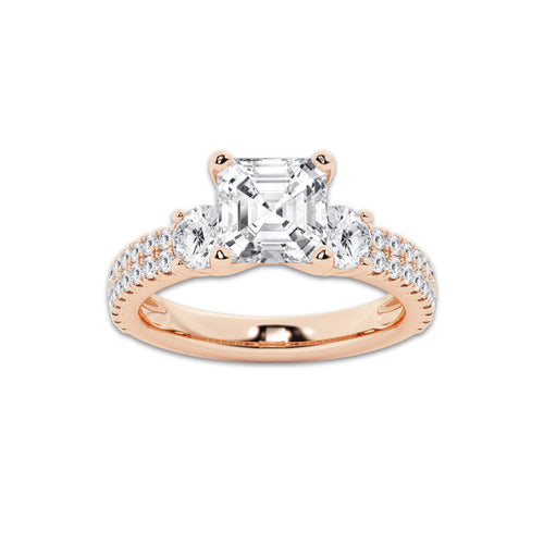 3.50 ctw Asscher Lab-Grown Diamond Three Stone Double Row Engagement Ring in 14K Rose Gold for Women | D Color, VVS1 Clarity, IGI Certified 2.50 ct Center Diamond