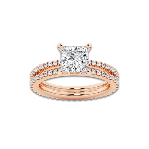 2.69 ctw Princess Lab-Grown Diamond Double Row Diamond Engagement Ring in 14K Rose Gold for Women | Colorless D, VVS1 Clarity, IGI Certified 2.00 ct Center Diamond
