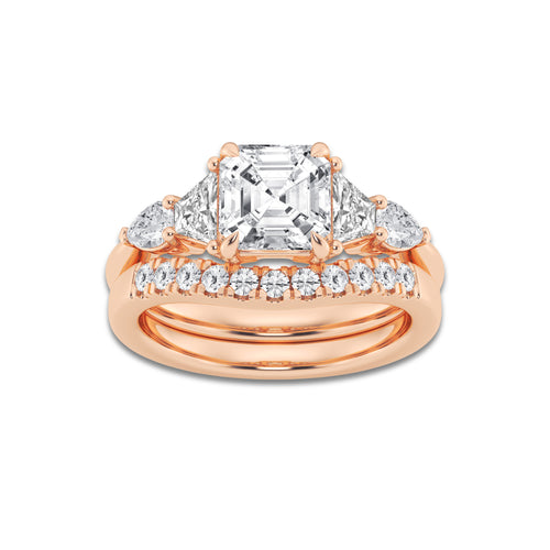 3 ctw Asscher Lab Grown Diamond Trapezoid and Pear Side Stone Bridal Set 14K Rose Gold, E, VS1 | 2 ct Center
