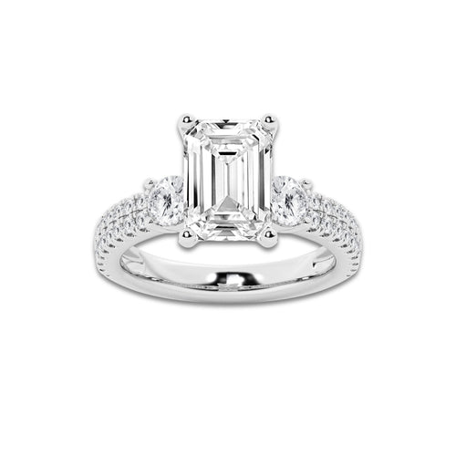 4.46 ctw Emerald Lab-Grown Diamond Three Stone Double Row Engagement Ring in 14K White Gold for Women | E Color, VS1 Clarity, IGI Certified 3.50 ct Center Diamond