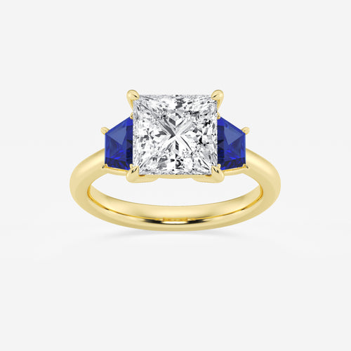 Camellia 3 ctw Princess Lab Grown Diamond and 5.5x3.3x2.2 mm Trapezoid Created Sapphire Three-Stone Ring 14K Yellow Gold, E, VS1 | IGI Certified, 3 ct Center