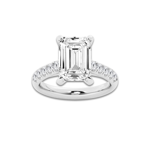 5.43 ctw Emerald Lab-Grown Diamond Pave Engagement Ring in 14K White Gold for Women | E Color, VS1 Clarity, IGI Certified 5.00 ct Center Diamond