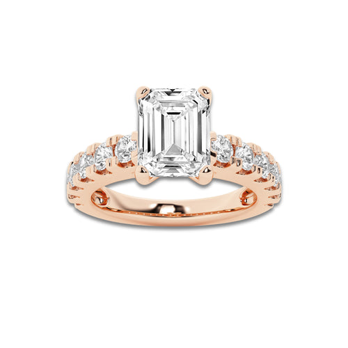 3.00 ctw Emerald Lab-Grown Diamond Split-Prong Set Side Stone Engagement Ring in 14K Rose Gold for Women | Colorless D, VVS1 Clarity, IGI Certified 2.00 ct Center Diamond