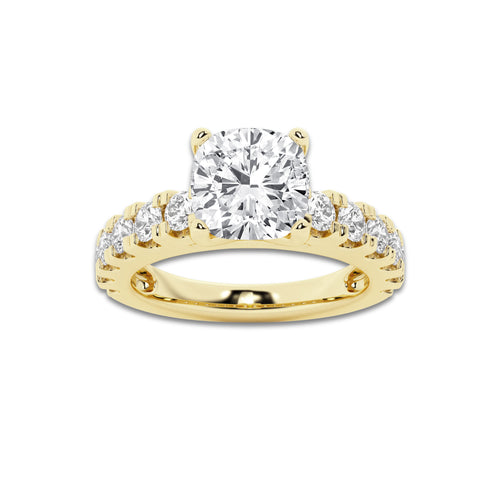 2.50 ctw Cushion Lab-Grown Diamond Split-Prong Set Side Stone Engagement Ring in 14K Yellow Gold for Women | Colorless E, VS1 Clarity, IGI Certified 1.50 ct Center Diamond