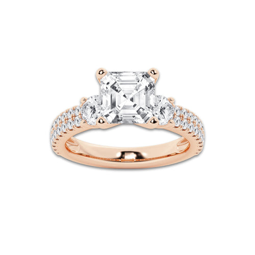 4.00 ctw Asscher Lab-Grown Diamond Three Stone Double Row Engagement Ring in 14K Rose Gold for Women | D Color, VVS1 Clarity, IGI Certified 3.00 ct Center Diamond