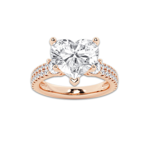 5.96 ctw Heart Lab-Grown Diamond Three Stone Double Row Engagement Ring in 14K Rose Gold for Women | E Color, VS1 Clarity, IGI Certified 5.00 ct Center Diamond