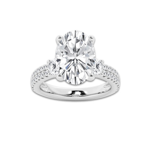 5.96 ctw Oval Lab-Grown Diamond Three Stone Double Row Engagement Ring in 14K White Gold for Women | D Color, VVS1 Clarity, IGI Certified 5.00 ct Center Diamond