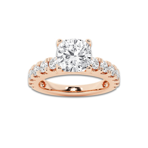 2.50 ctw Cushion Lab-Grown Diamond Split-Prong Set Side Stone Engagement Ring in 14K Rose Gold for Women | Colorless D, VVS1 Clarity, IGI Certified 1.50 ct Center Diamond