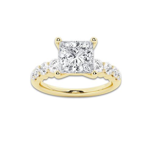 2.04 ctw Princess Lab-Grown Diamond Side Stone Engagement Ring in 14K Yellow Gold for Women | Colorless E, VS1 Clarity, IGI Certified 1.50 Ct Center Diamond