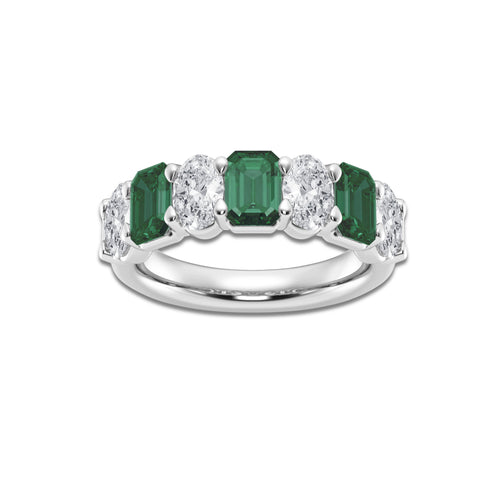 Monica 5.5x3.8mm Created Emerald and 1 1/3 ctw Oval Lab Grown Diamond Seven Stone Alternating Anniversary Band 14K White Gold, DE, VS1