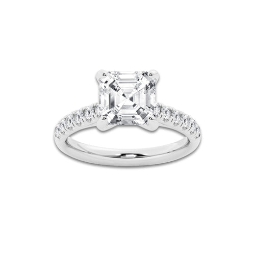 3.40 ctw Asscher Lab-Grown Diamond Pave Engagement Ring in 14K White Gold for Women | E Color, VS1 Clarity, IGI Certified 3.00 ct Center Diamond