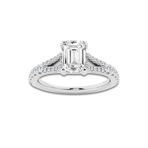 1.08 ctw Emerald Lab-Grown Diamond Split Shank Side Stone Engagement Ring in 14K White Gold for Women | Colorless E, VS1 Clarity, IGI Certified 0.75 ct Center Diamond