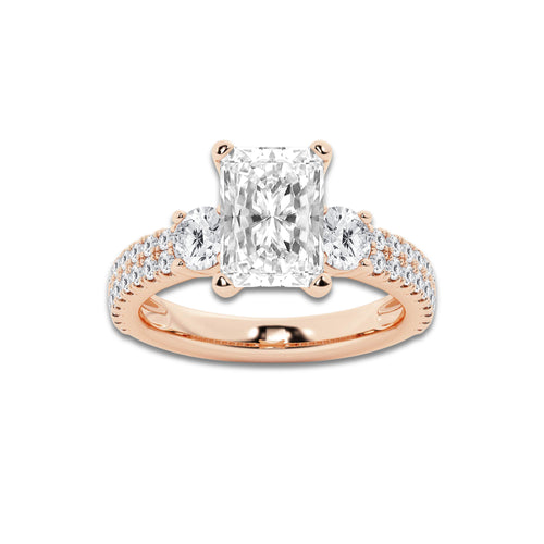 3.50 ctw Radiant Lab-Grown Diamond Three Stone Double Row Engagement Ring in 14K Rose Gold for Women | D Color, VVS1 Clarity, IGI Certified 2.50 ct Center Diamond