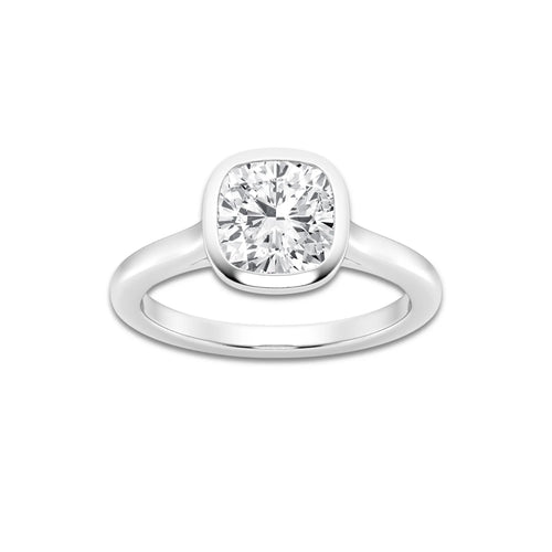 2 ctw Cushion Lab Grown Diamond Bezel Set Solitaire Engagement Ring Platinum, E, VS1 | 2 ct Center