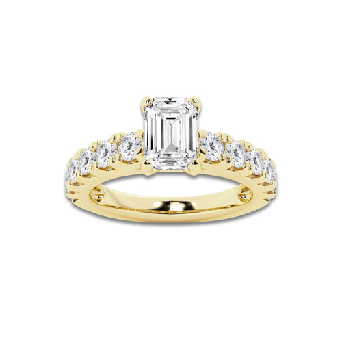2.00 ctw Emerald Lab-Grown Diamond Split-Prong Set Side Stone Engagement Ring in 14K Yellow Gold for Women | Colorless D, VVS1 Clarity, IGI Certified 1.00 ct Center Diamond